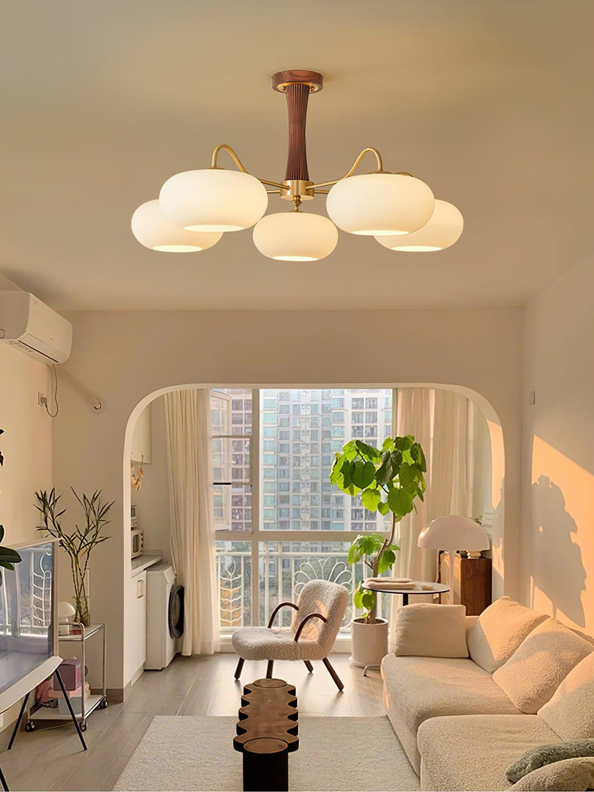 Persimmon Glass Chandelier with Brass Arms | Wood Accent Ceiling Pendant Light