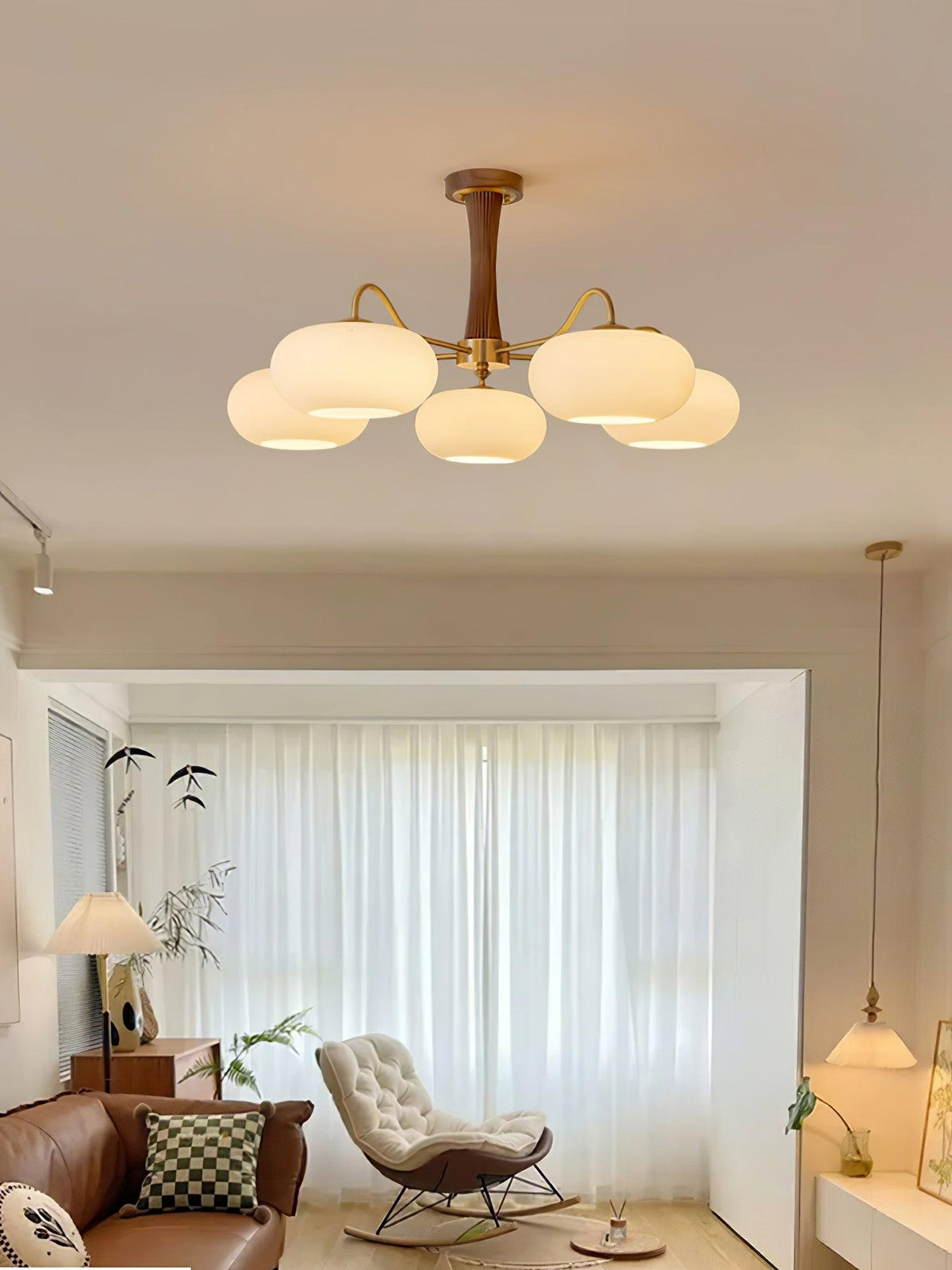 Persimmon Glass Chandelier with Brass Arms | Wood Accent Ceiling Pendant Light