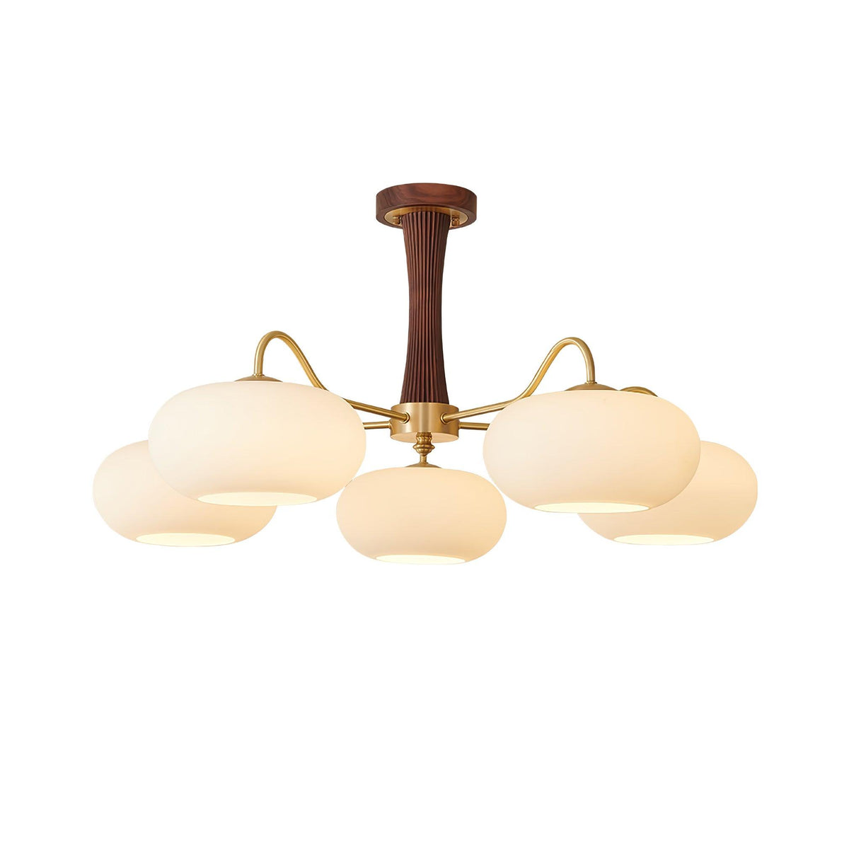 Persimmon Glass Chandelier with Brass Arms | Wood Accent Ceiling Pendant Light