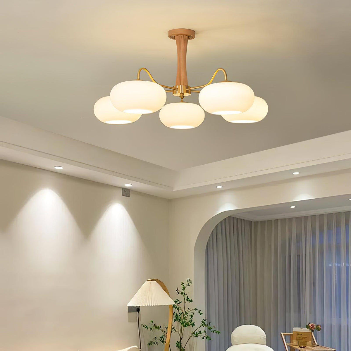 Persimmon Glass Chandelier with Brass Arms | Wood Accent Ceiling Pendant Light