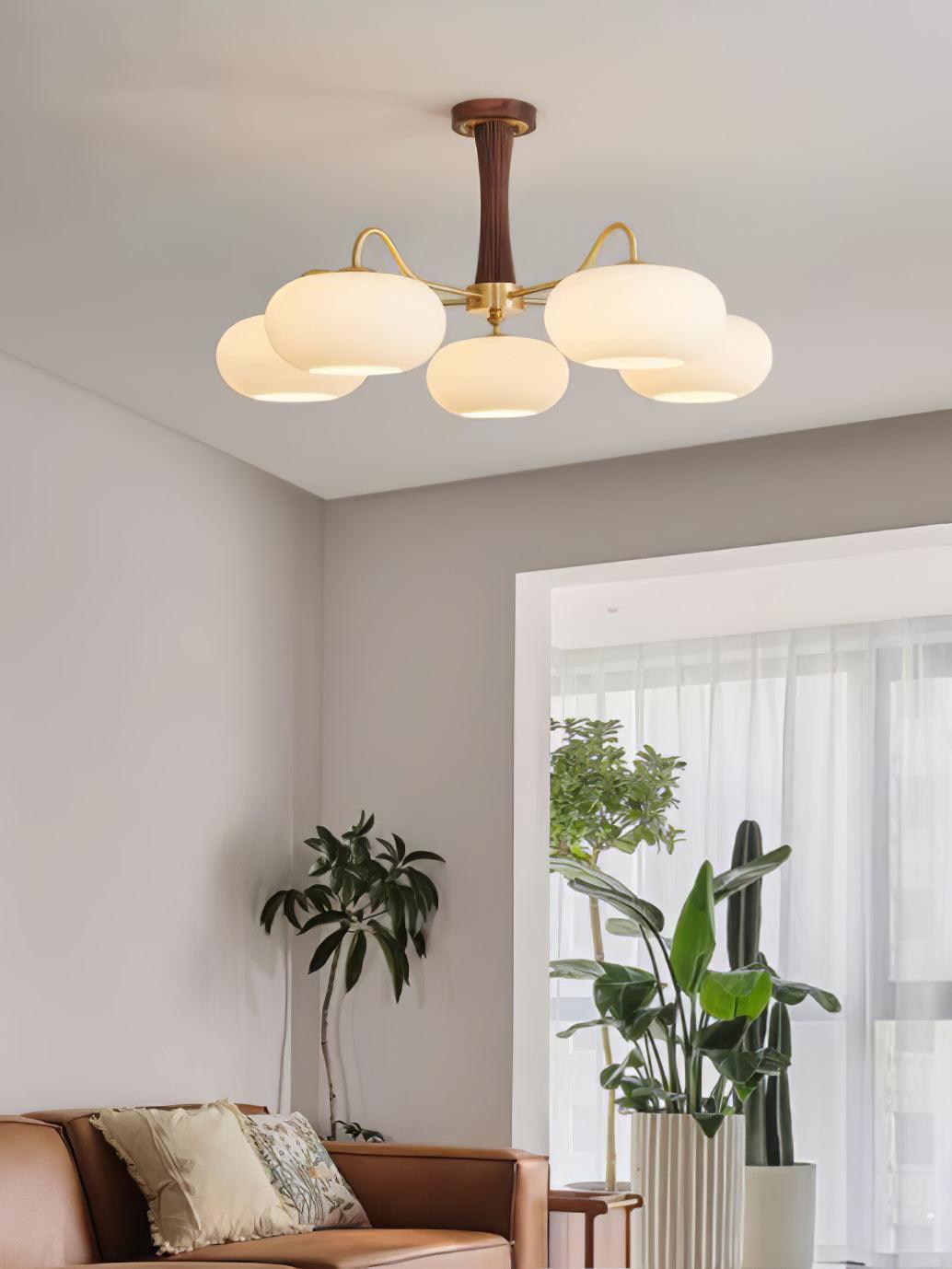 Persimmon Glass Chandelier with Brass Arms | Wood Accent Ceiling Pendant Light