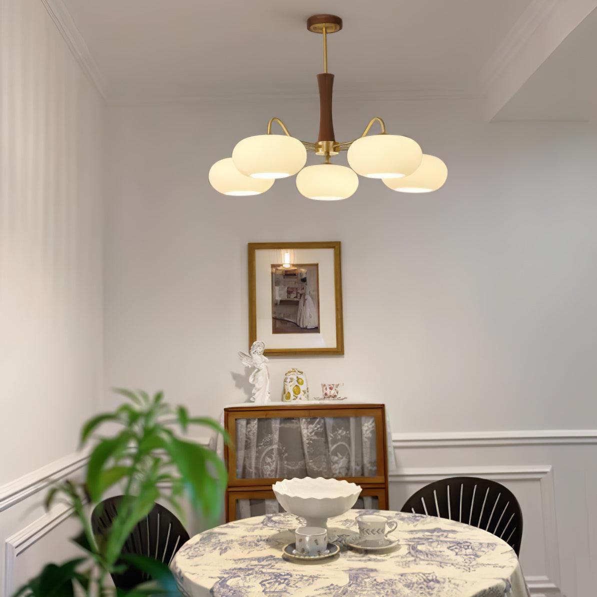 Persimmon Glass Chandelier with Brass Arms | Wood Accent Ceiling Pendant Light