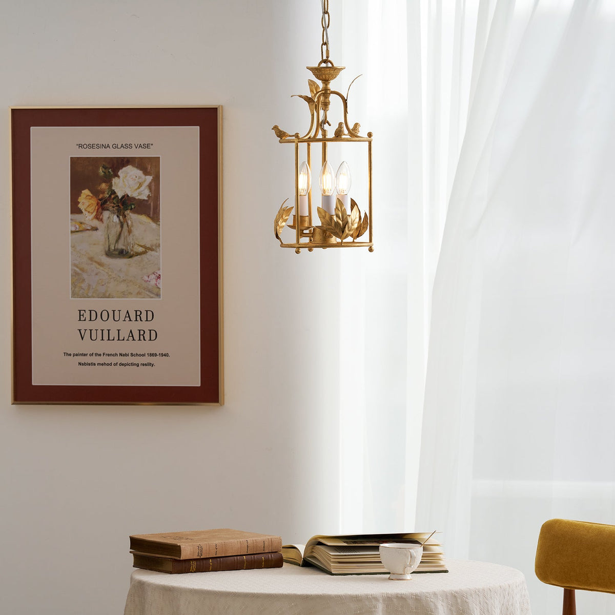 Aviary Series | Iron Lantern Pendant Light with Bird & Leaf Detail for Dining Room