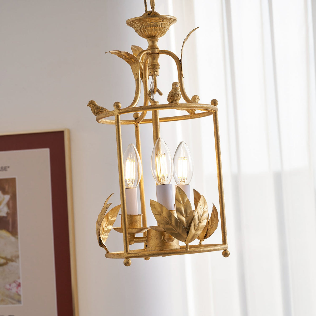 Aviary Series | Iron Lantern Pendant Light with Bird & Leaf Detail for Dining Room