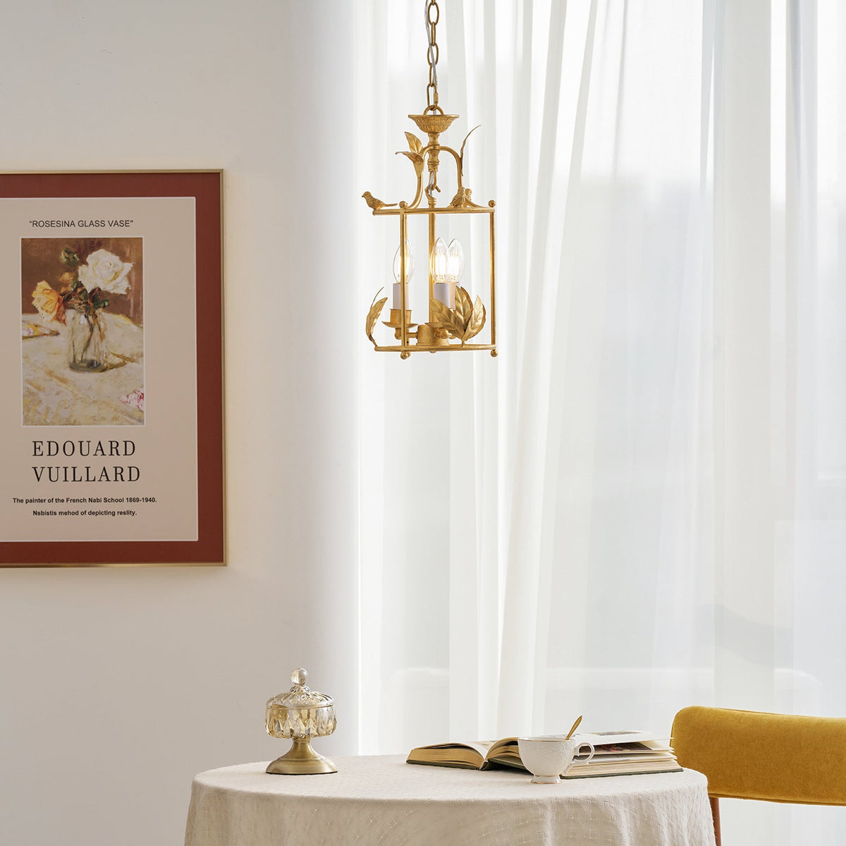 Aviary Series | Iron Lantern Pendant Light with Bird & Leaf Detail for Dining Room