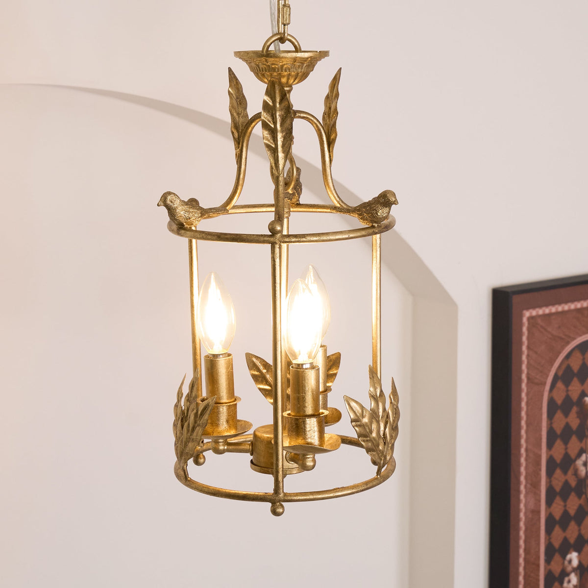 Aviary Series | Iron Lantern Pendant Light with Bird & Leaf Detail for Dining Room