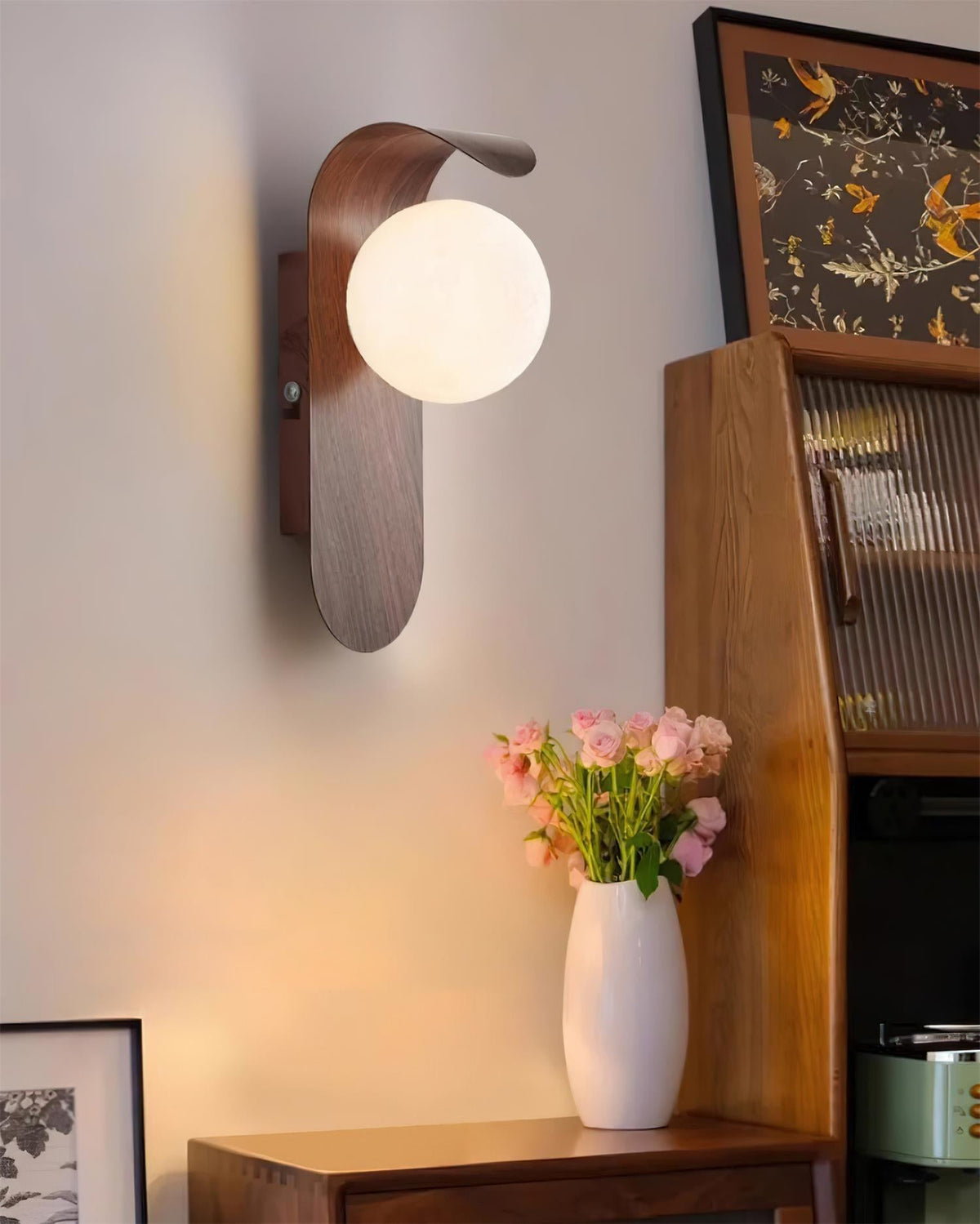 Aspen | Wood Finish Wall Sconce with Frosted Glass Globe, Dimmable Wall Lamp for Bedside