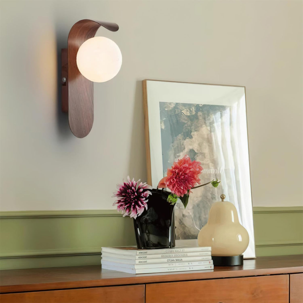 Aspen | Wood Finish Wall Sconce with Frosted Glass Globe, Dimmable Wall Lamp for Bedside