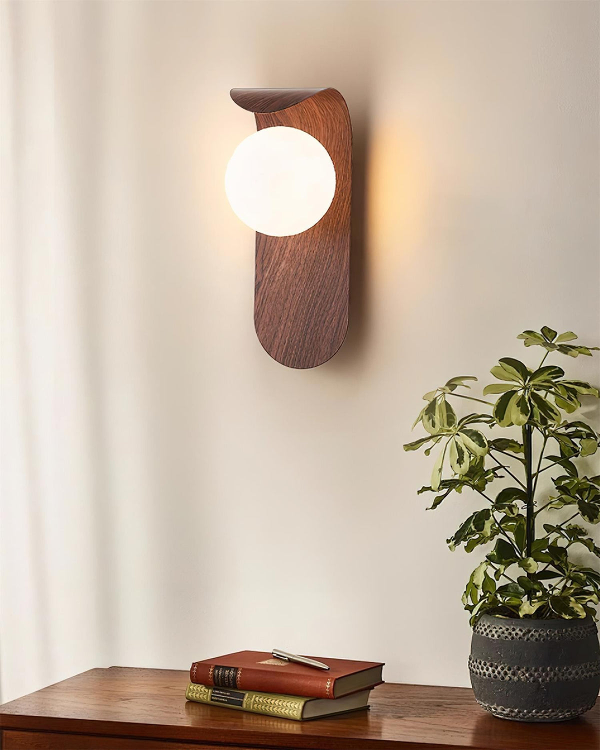 Aspen | Wood Finish Wall Sconce with Frosted Glass Globe, Dimmable Wall Lamp for Bedside