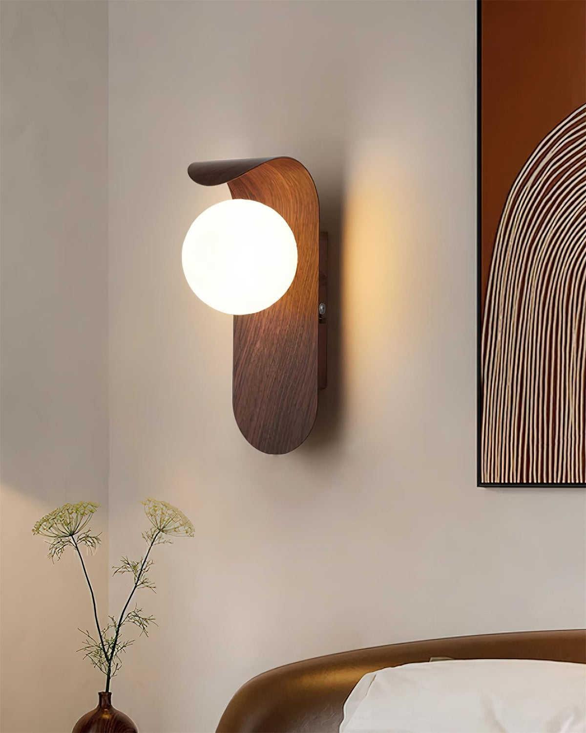 Aspen | Wood Finish Wall Sconce with Frosted Glass Globe, Dimmable Wall Lamp for Bedside