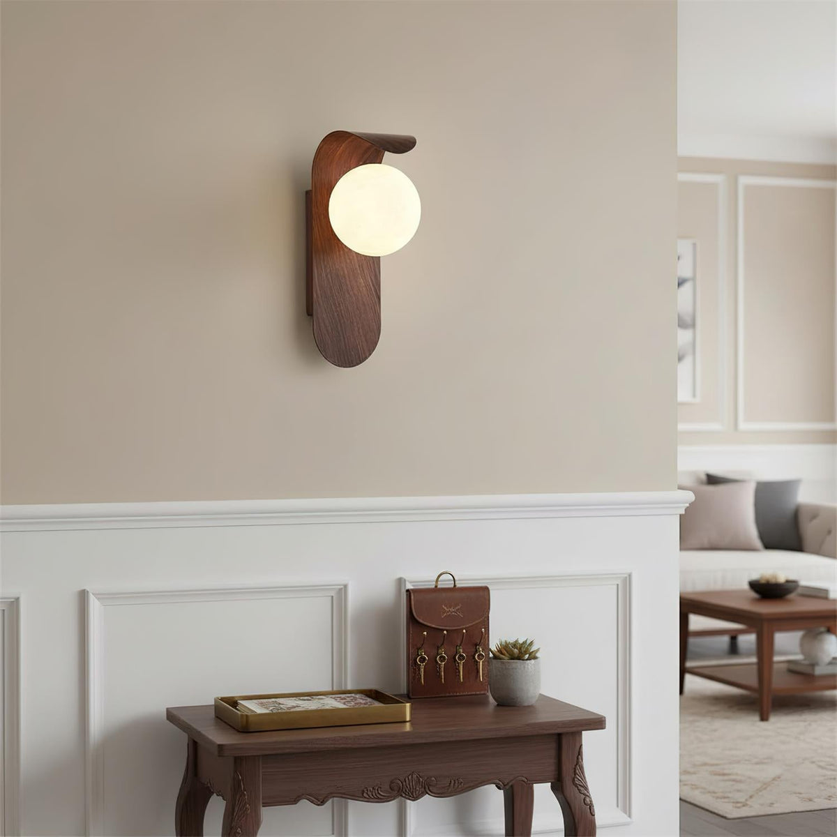 Aspen | Wood Finish Wall Sconce with Frosted Glass Globe, Dimmable Wall Lamp for Bedside