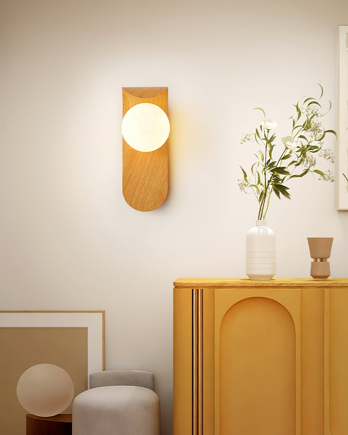 Aspen | Wood Finish Wall Sconce with Frosted Glass Globe, Dimmable Wall Lamp for Bedside