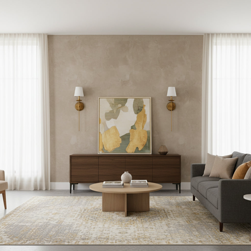 Gold Leaf Double Wall Sconce with Fabric Shades | Candle-Style Light for Hallways