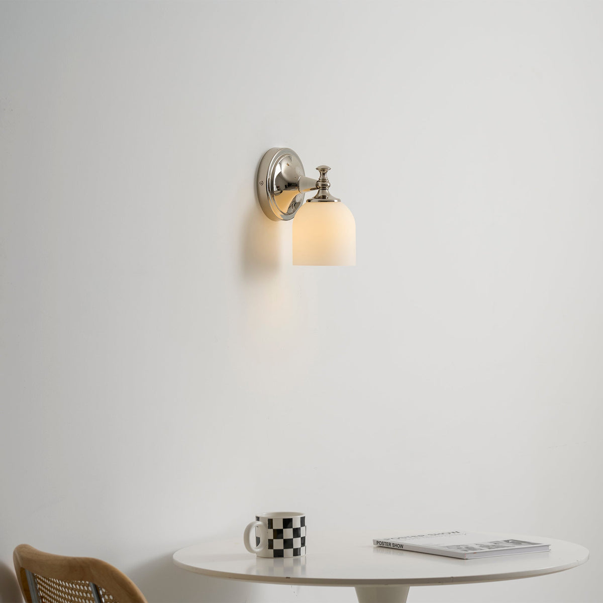 Vanity Glow Series | Brass Short Arm Wall Sconce with Milk Glass Dome for Bathroom