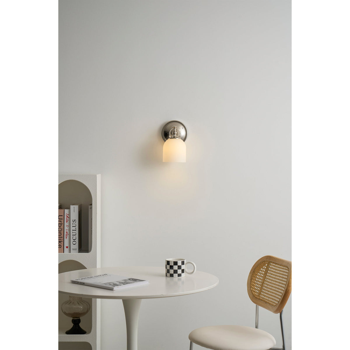 Vanity Glow Series | Brass Short Arm Wall Sconce with Milk Glass Dome for Bathroom