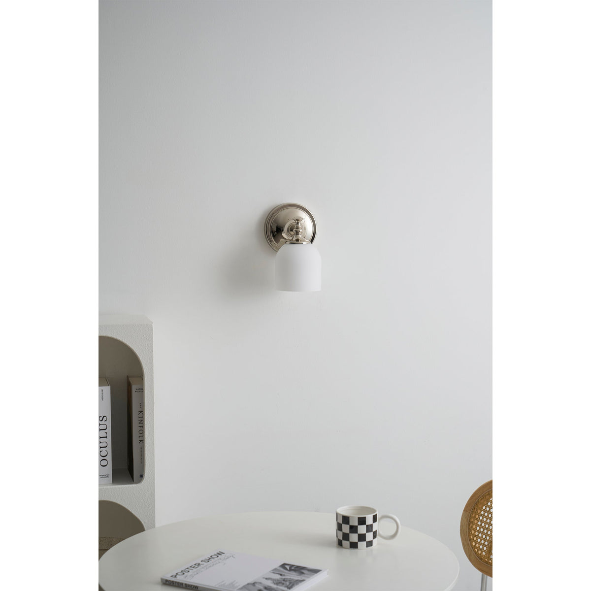 Vanity Glow Series | Brass Short Arm Wall Sconce with Milk Glass Dome for Bathroom