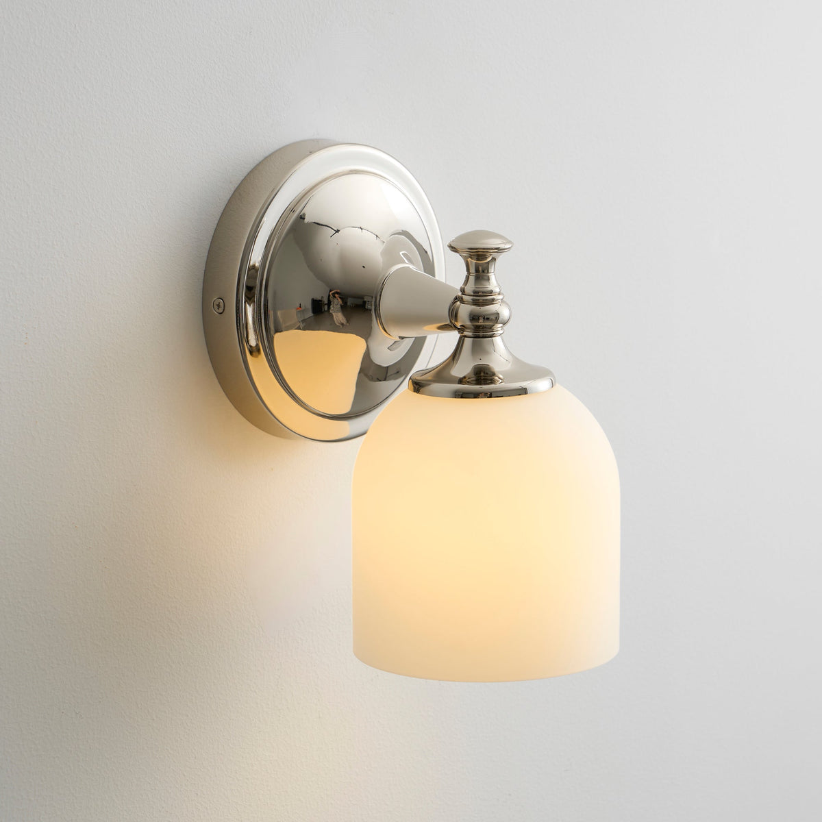 Vanity Glow Series | Brass Short Arm Wall Sconce with Milk Glass Dome for Bathroom