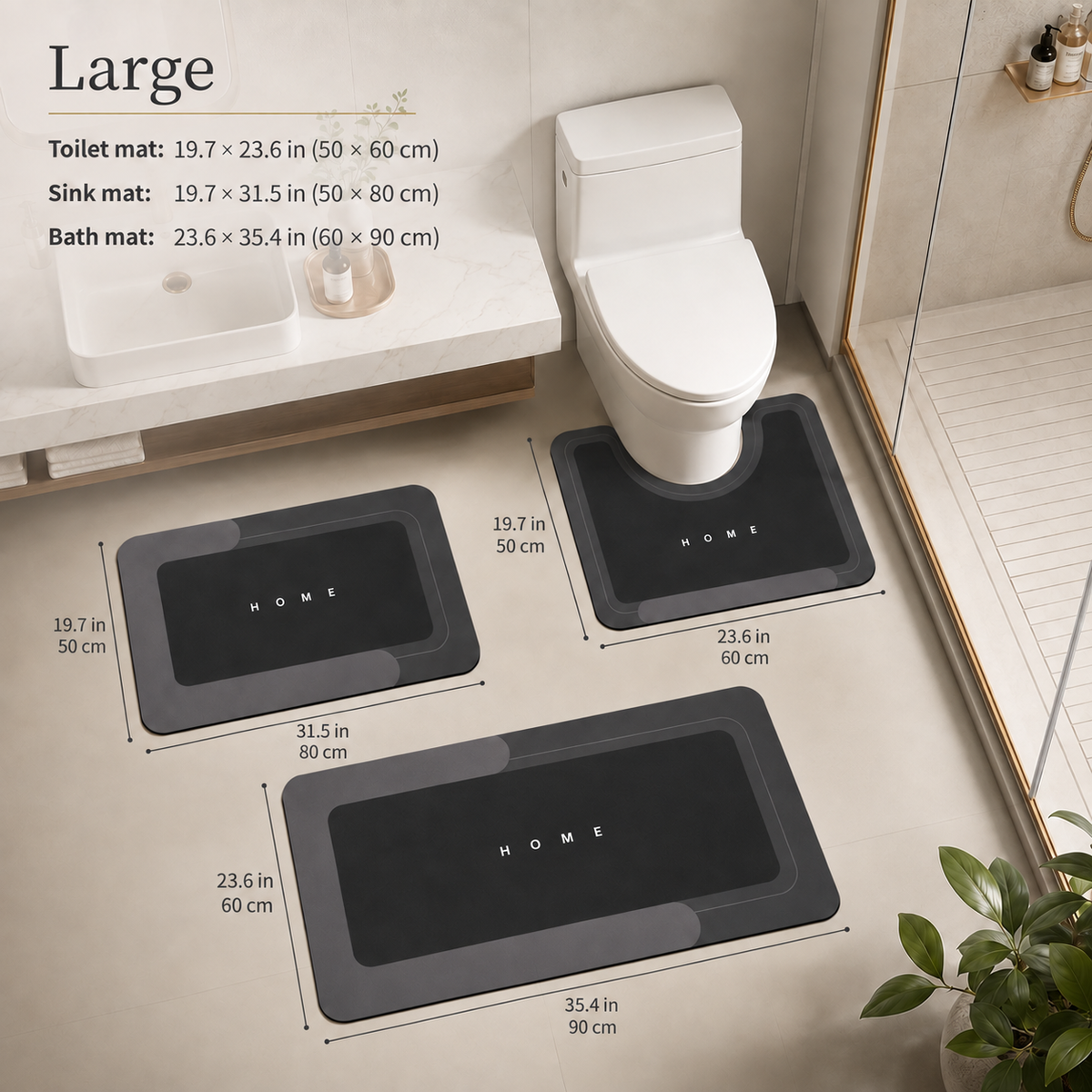 Dryvia | 3 Piece Bathroom Mat Set with Non-Slip Rubber Backing | Quick Dry Absorbent Mats