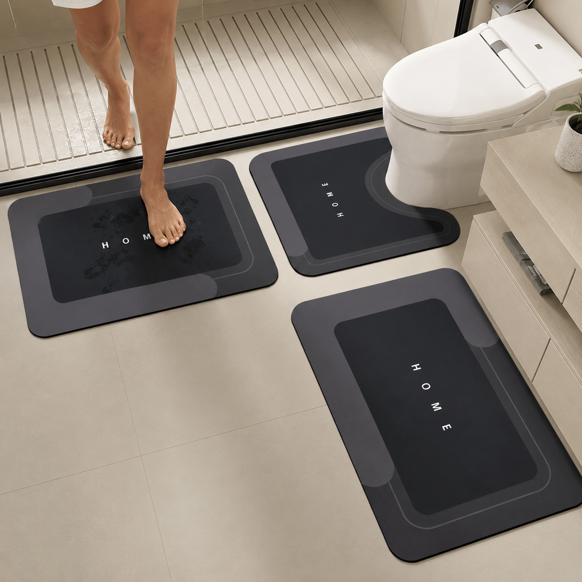 Dryvia | 3 Piece Bathroom Mat Set with Non-Slip Rubber Backing | Quick Dry Absorbent Mats