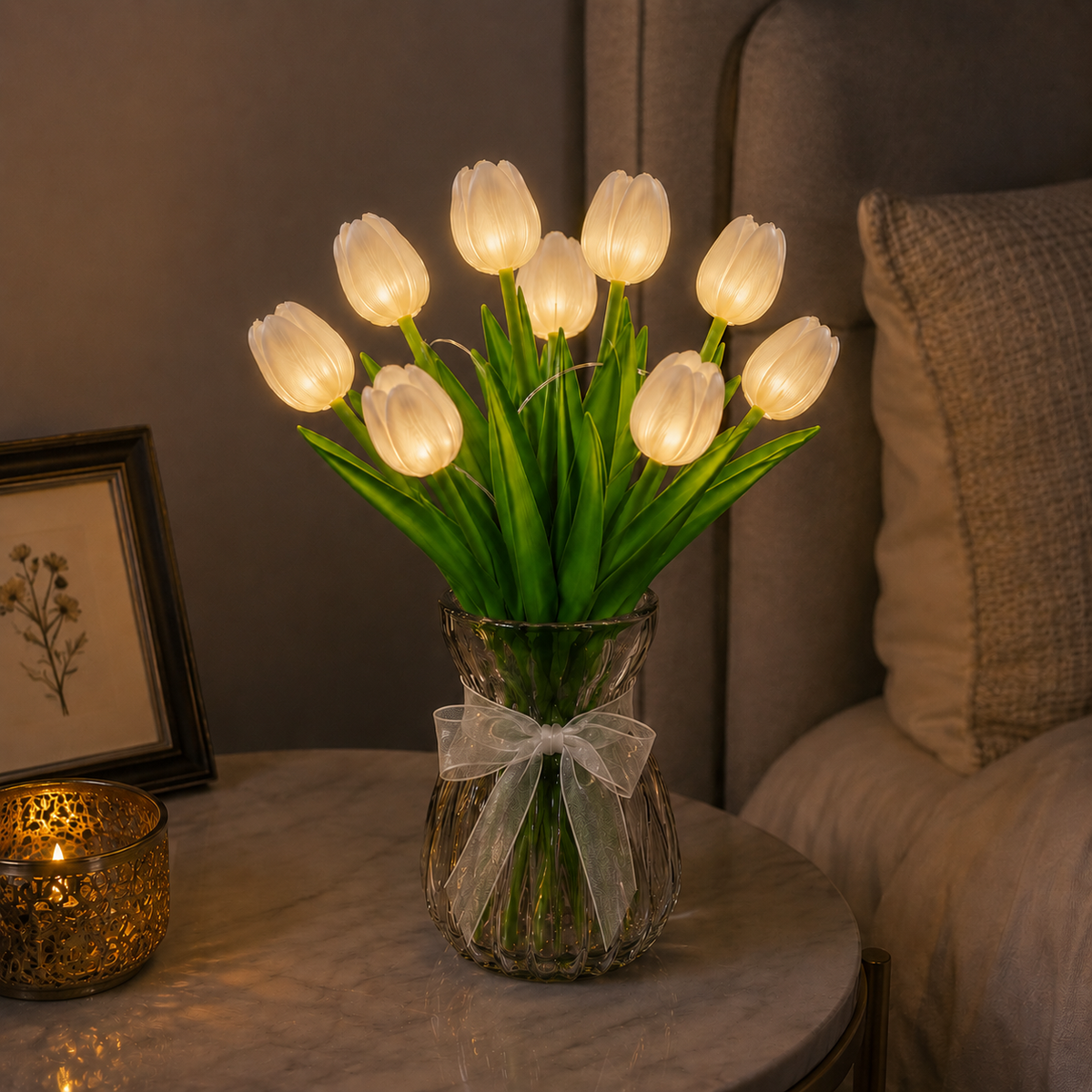 Tulumina | Faux Tulip Bouquet Light with Ribbed Glass Vase | Battery Powered Night Light