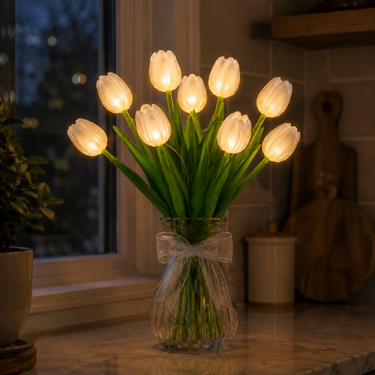 Tulumina | Faux Tulip Bouquet Light with Ribbed Glass Vase | Battery Powered Night Light