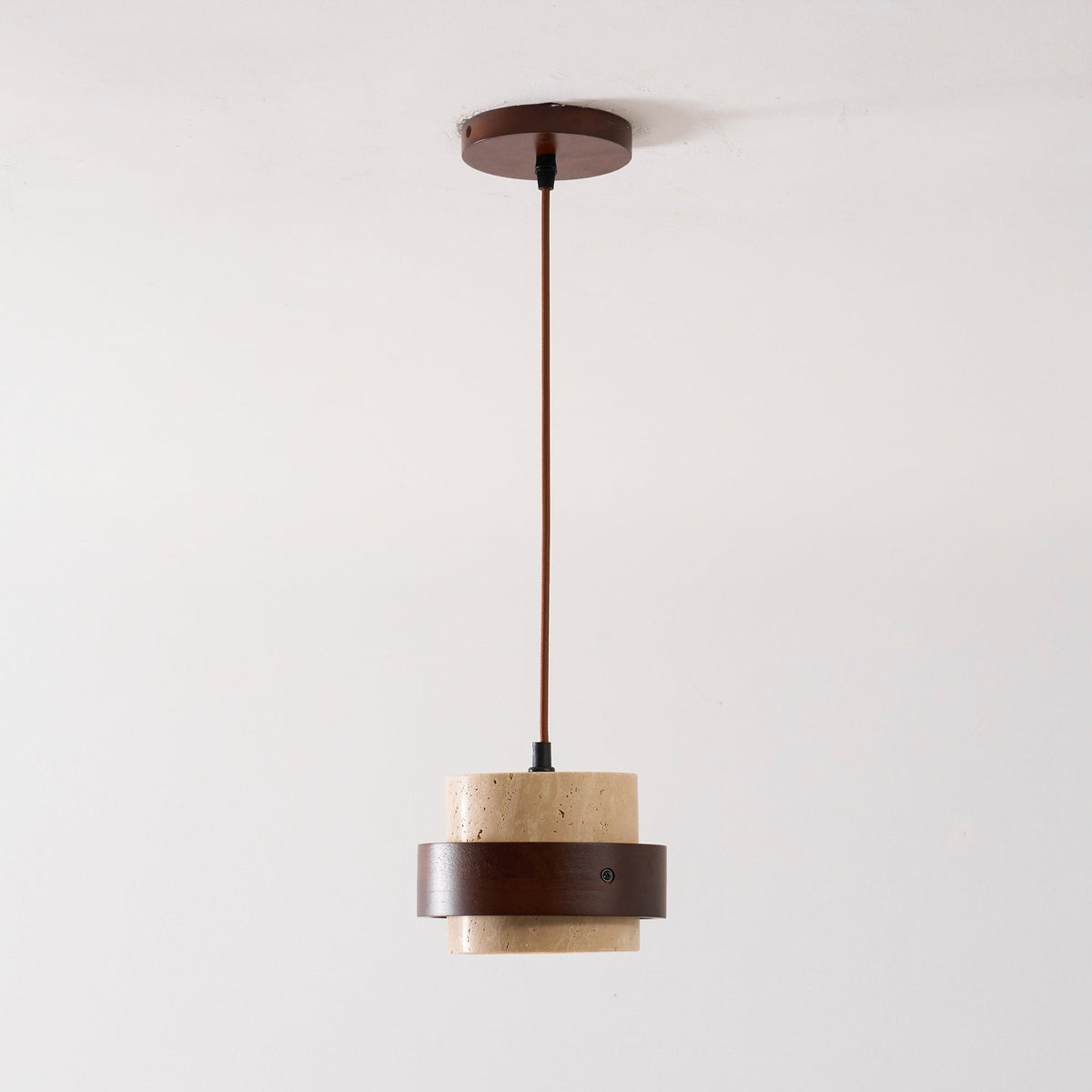 Terra | Natural Travertine Pendant Light with Walnut Band, Hanging Lamp for Dining Table