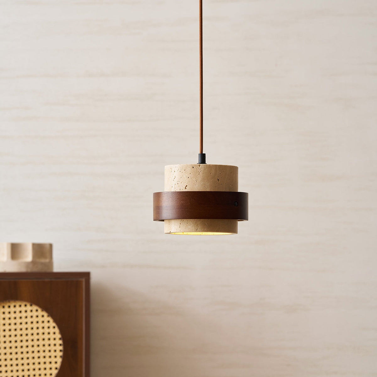 Terra | Natural Travertine Pendant Light with Walnut Band, Hanging Lamp for Dining Table