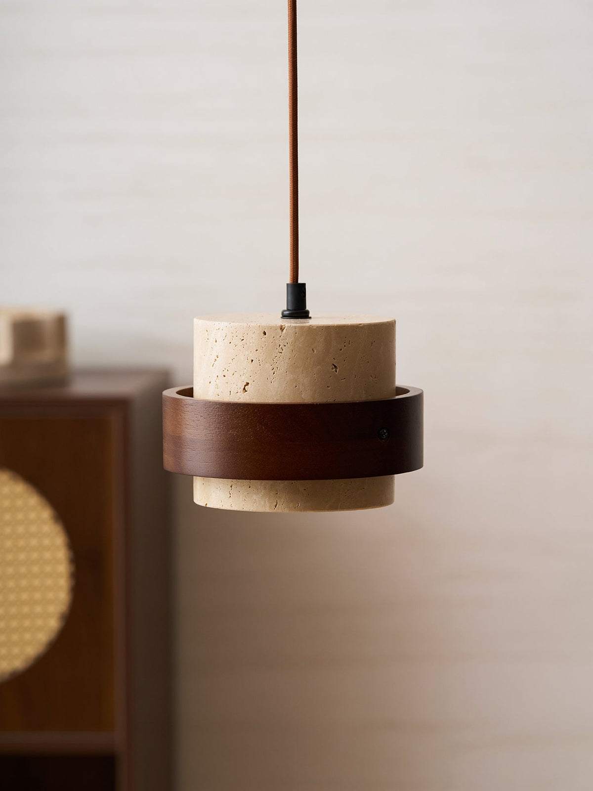 Terra | Natural Travertine Pendant Light with Walnut Band, Hanging Lamp for Dining Table