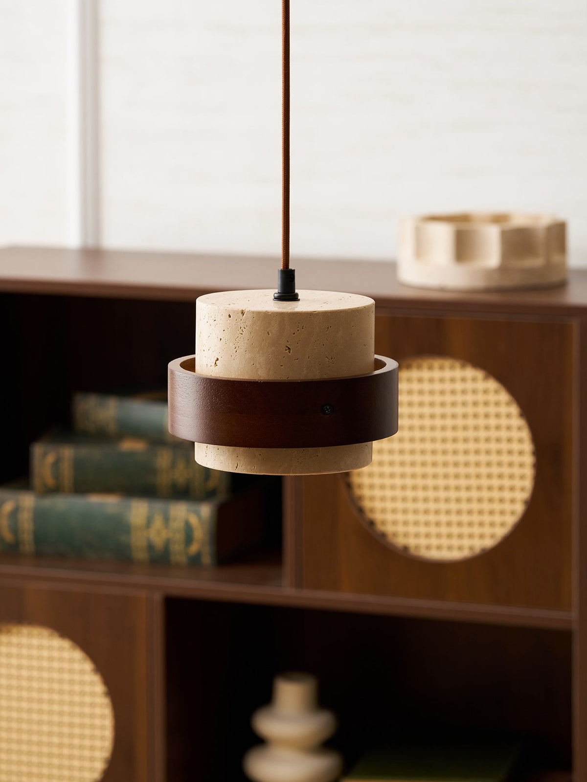 Terra | Natural Travertine Pendant Light with Walnut Band, Hanging Lamp for Dining Table