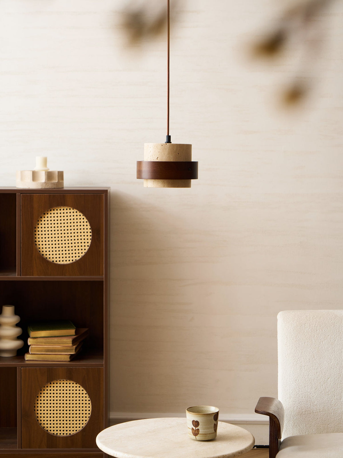 Terra | Natural Travertine Pendant Light with Walnut Band, Hanging Lamp for Dining Table