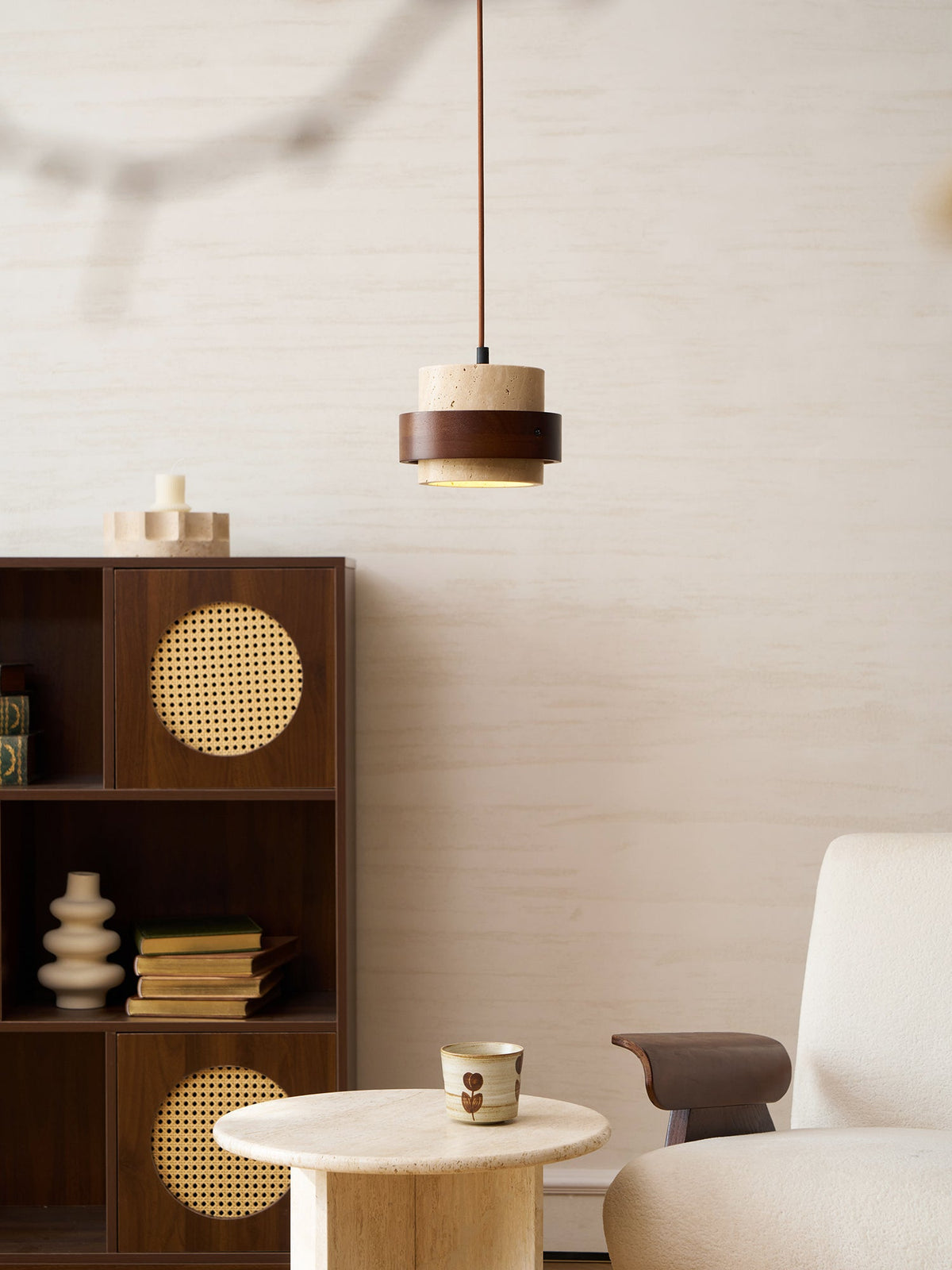 Terra | Natural Travertine Pendant Light with Walnut Band, Hanging Lamp for Dining Table