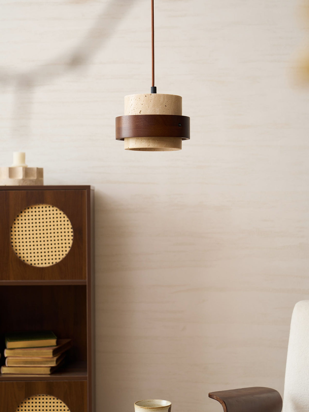 Terra | Natural Travertine Pendant Light with Walnut Band, Hanging Lamp for Dining Table
