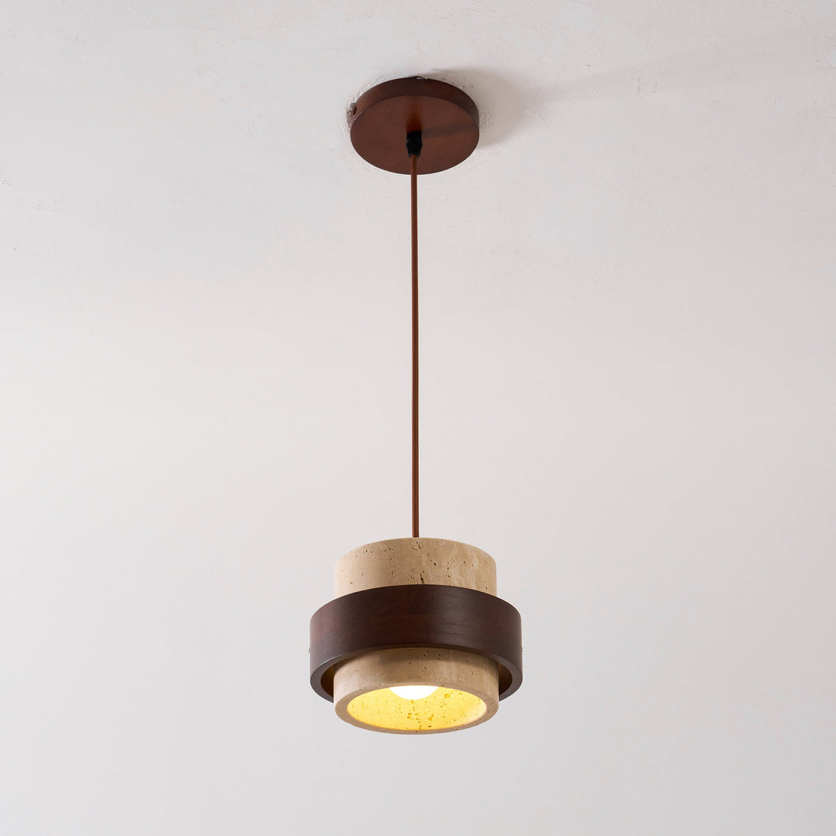 Terra | Natural Travertine Pendant Light with Walnut Band, Hanging Lamp for Dining Table