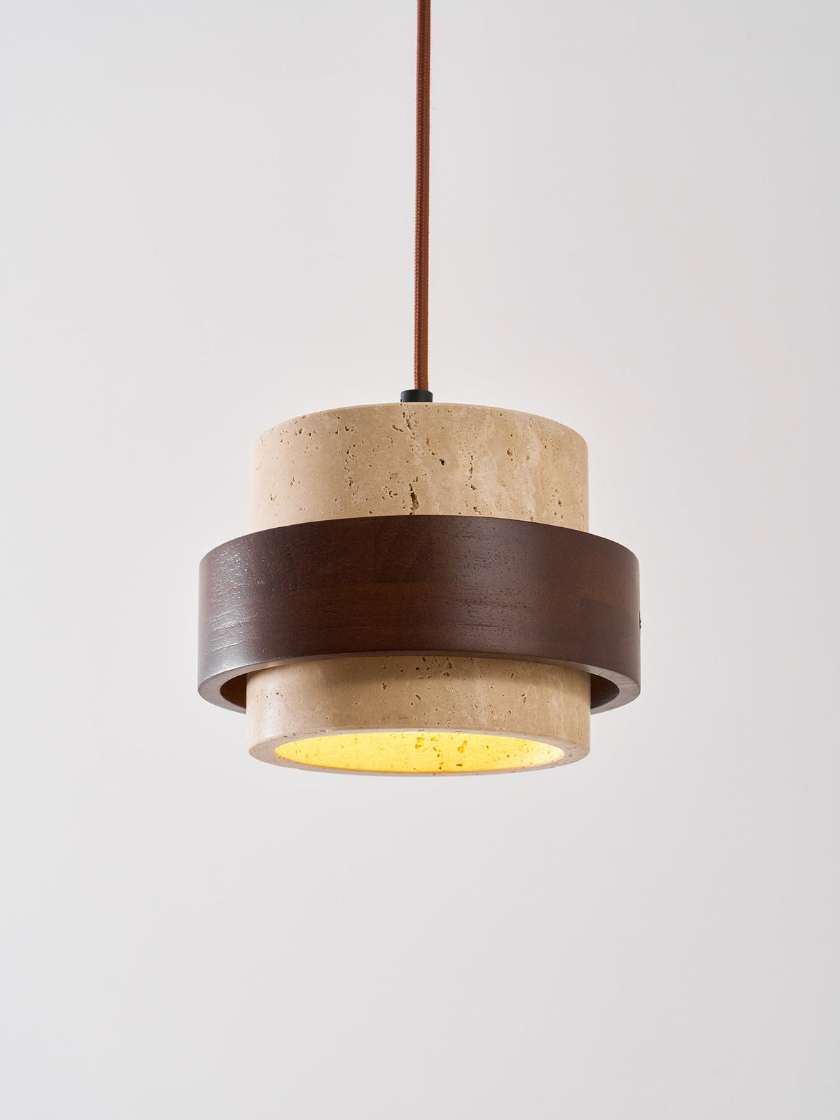 Terra | Natural Travertine Pendant Light with Walnut Band, Hanging Lamp for Dining Table