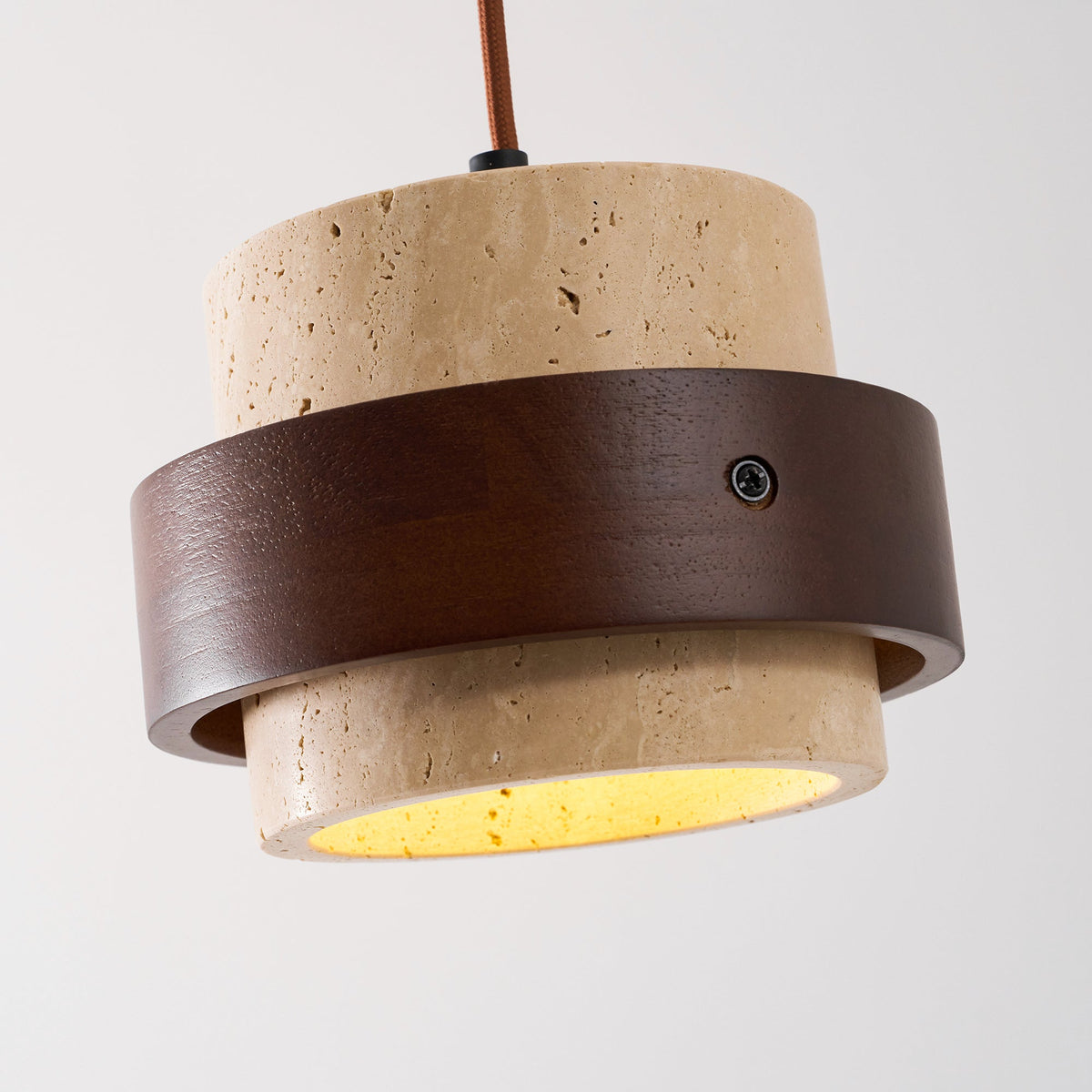 Terra | Natural Travertine Pendant Light with Walnut Band, Hanging Lamp for Dining Table