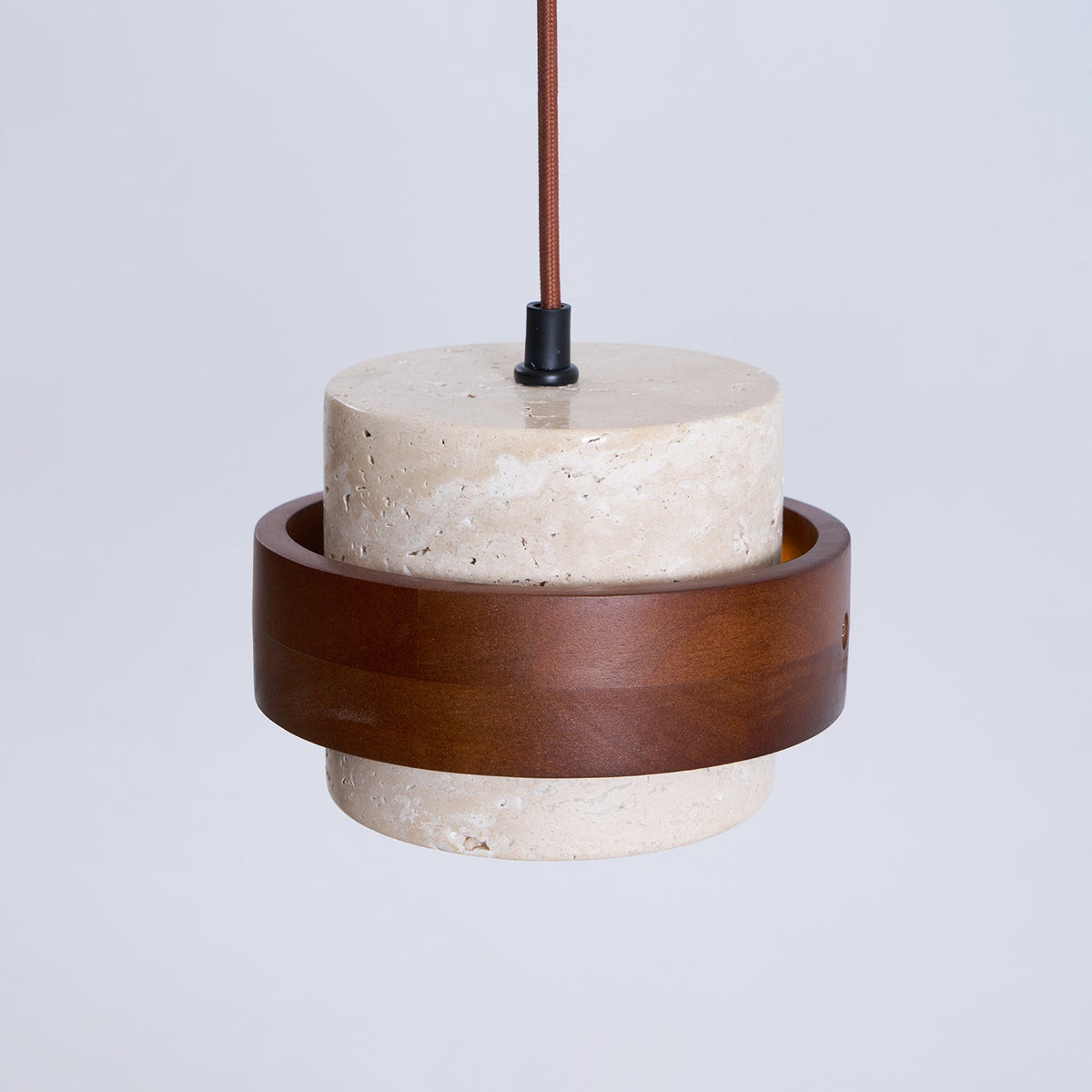 Terra | Natural Travertine Pendant Light with Walnut Band, Hanging Lamp for Dining Table
