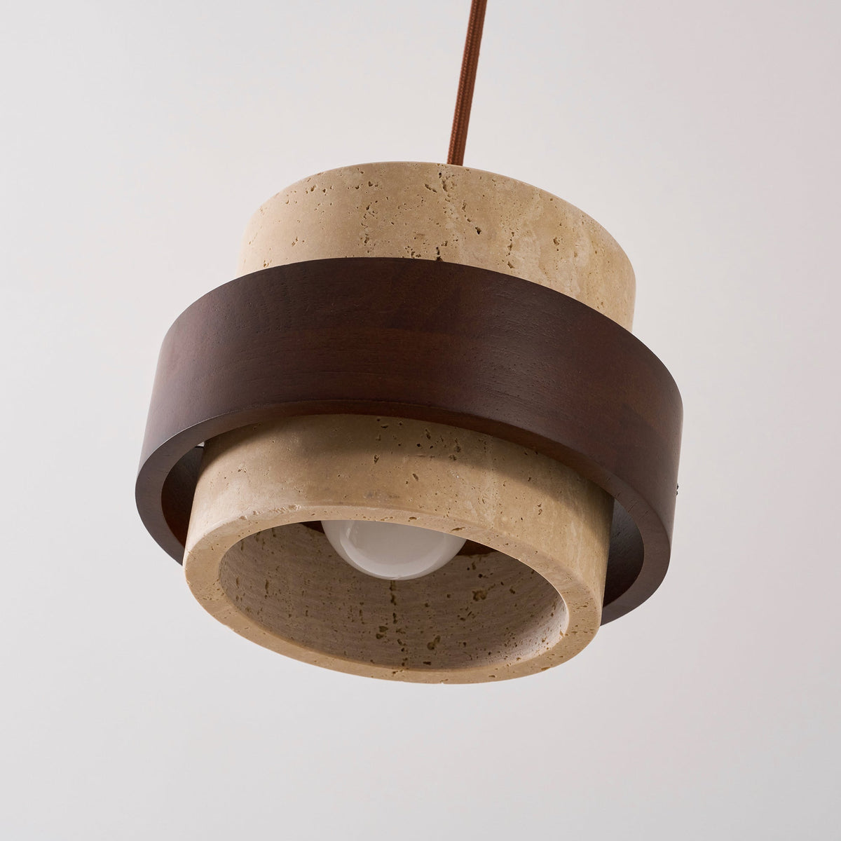 Terra | Natural Travertine Pendant Light with Walnut Band, Hanging Lamp for Dining Table