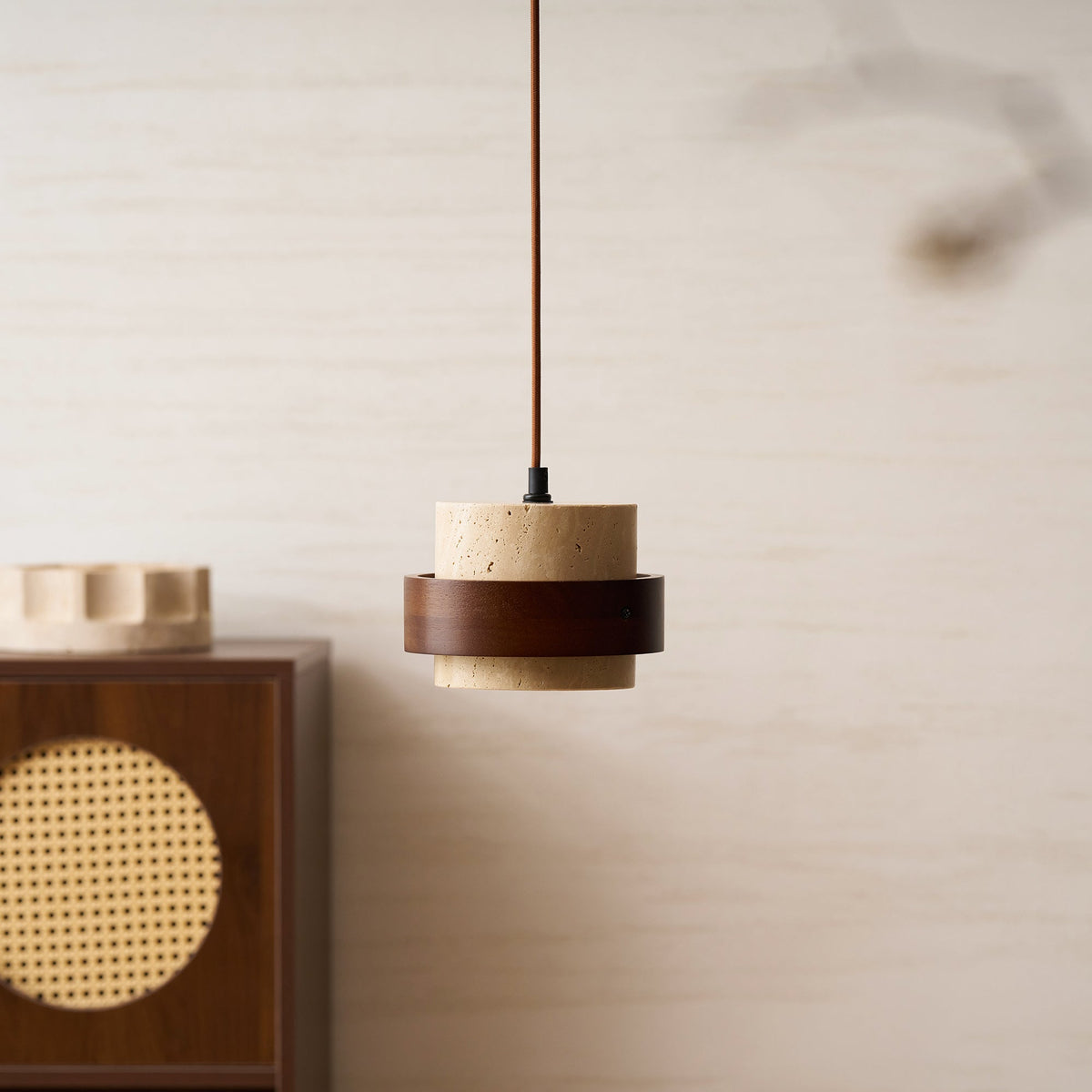 Terra | Natural Travertine Pendant Light with Walnut Band, Hanging Lamp for Dining Table