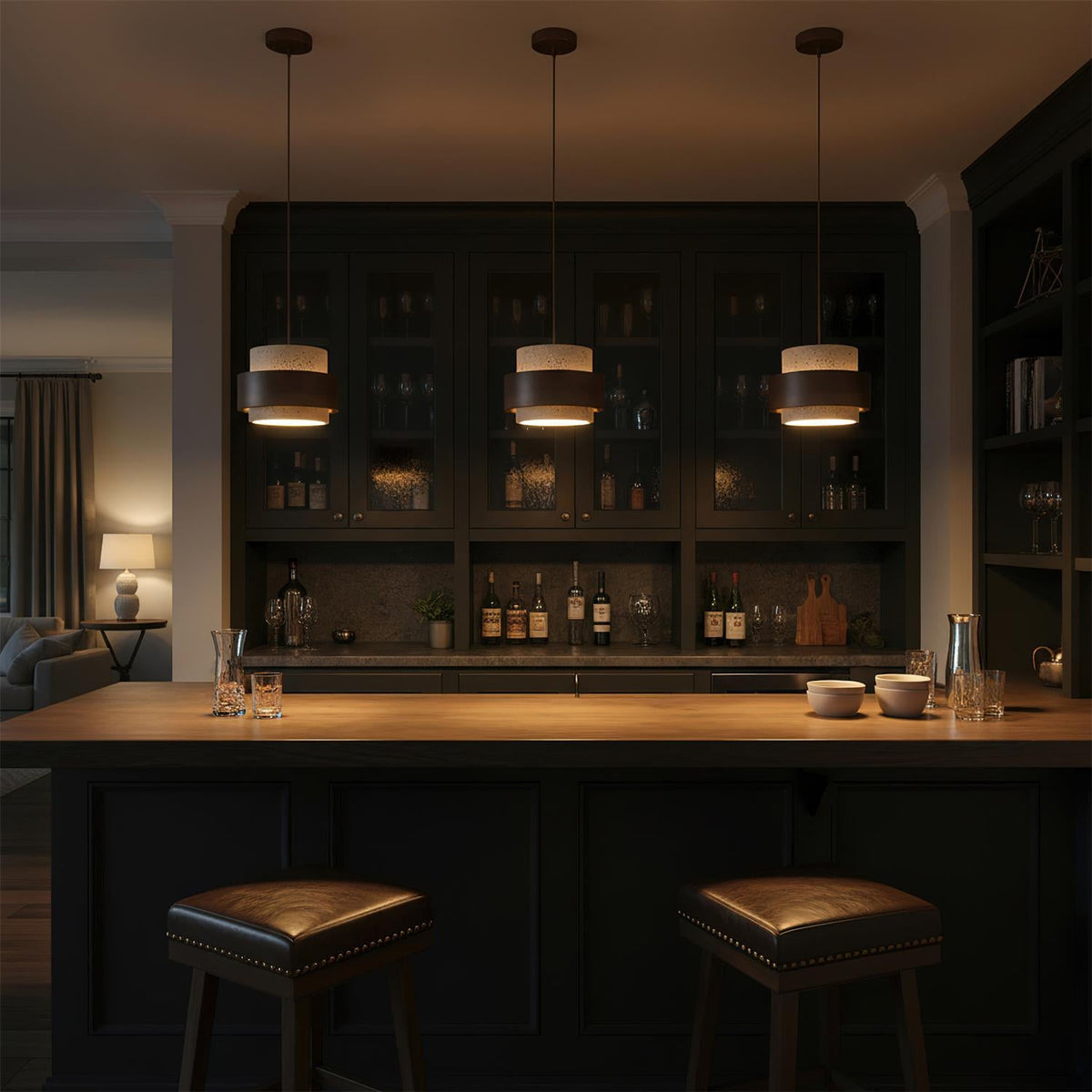 Terra | Natural Travertine Pendant Light with Walnut Band, Hanging Lamp for Dining Table