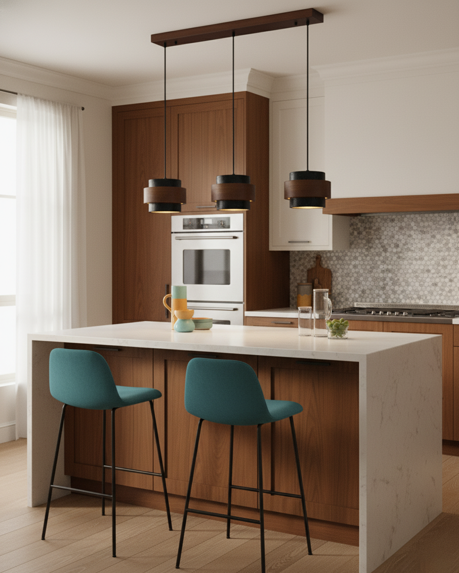 Terra | Natural Travertine Pendant Light with Walnut Band, Hanging Lamp for Dining Table