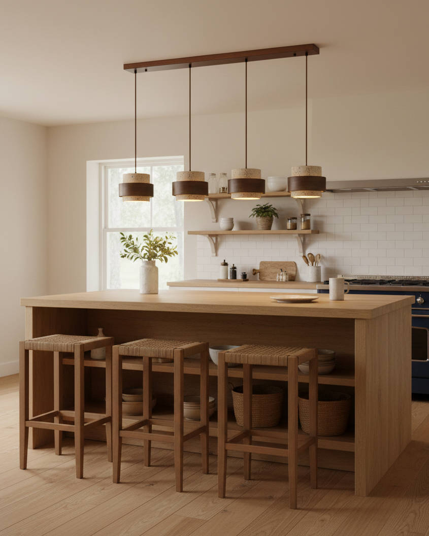 Terra | Natural Travertine Pendant Light with Walnut Band, Hanging Lamp for Dining Table