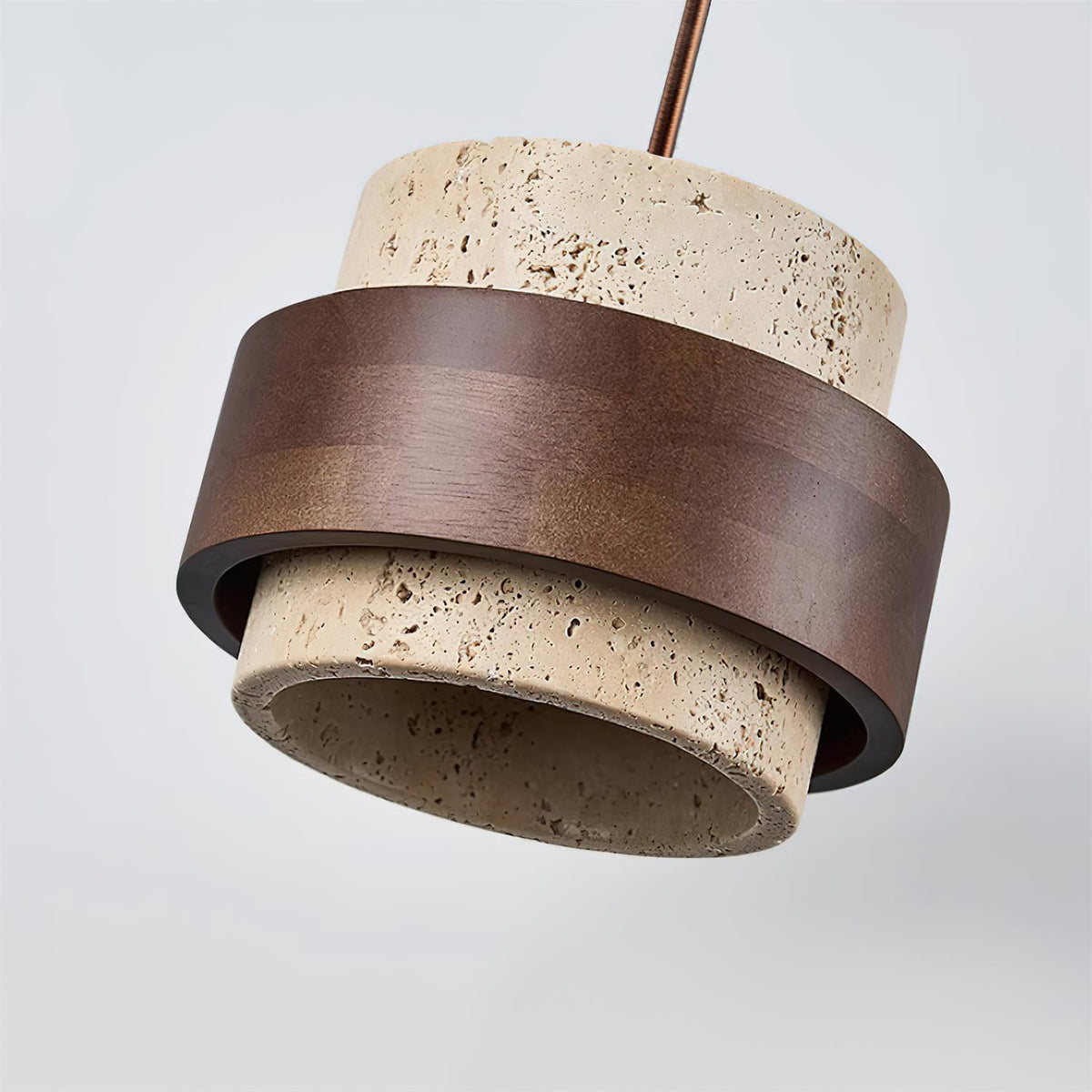 Terra | Natural Travertine Pendant Light with Walnut Band, Hanging Lamp for Dining Table