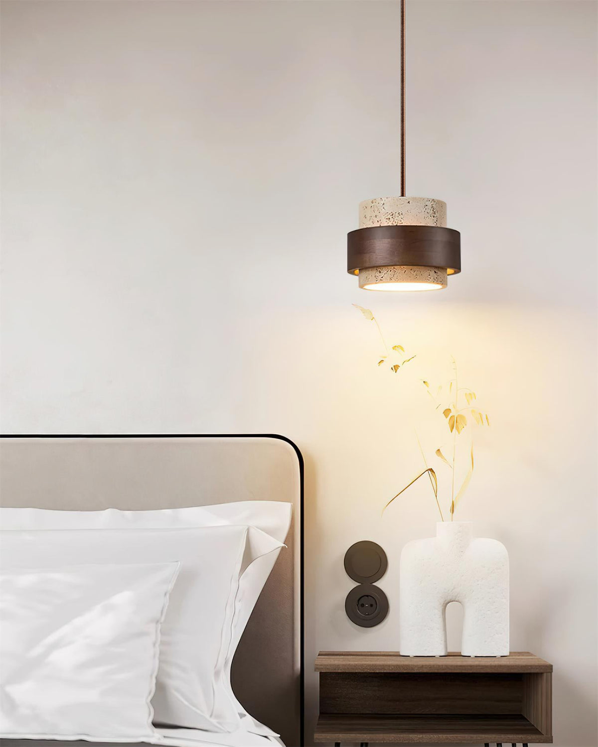 Terra | Natural Travertine Pendant Light with Walnut Band, Hanging Lamp for Dining Table