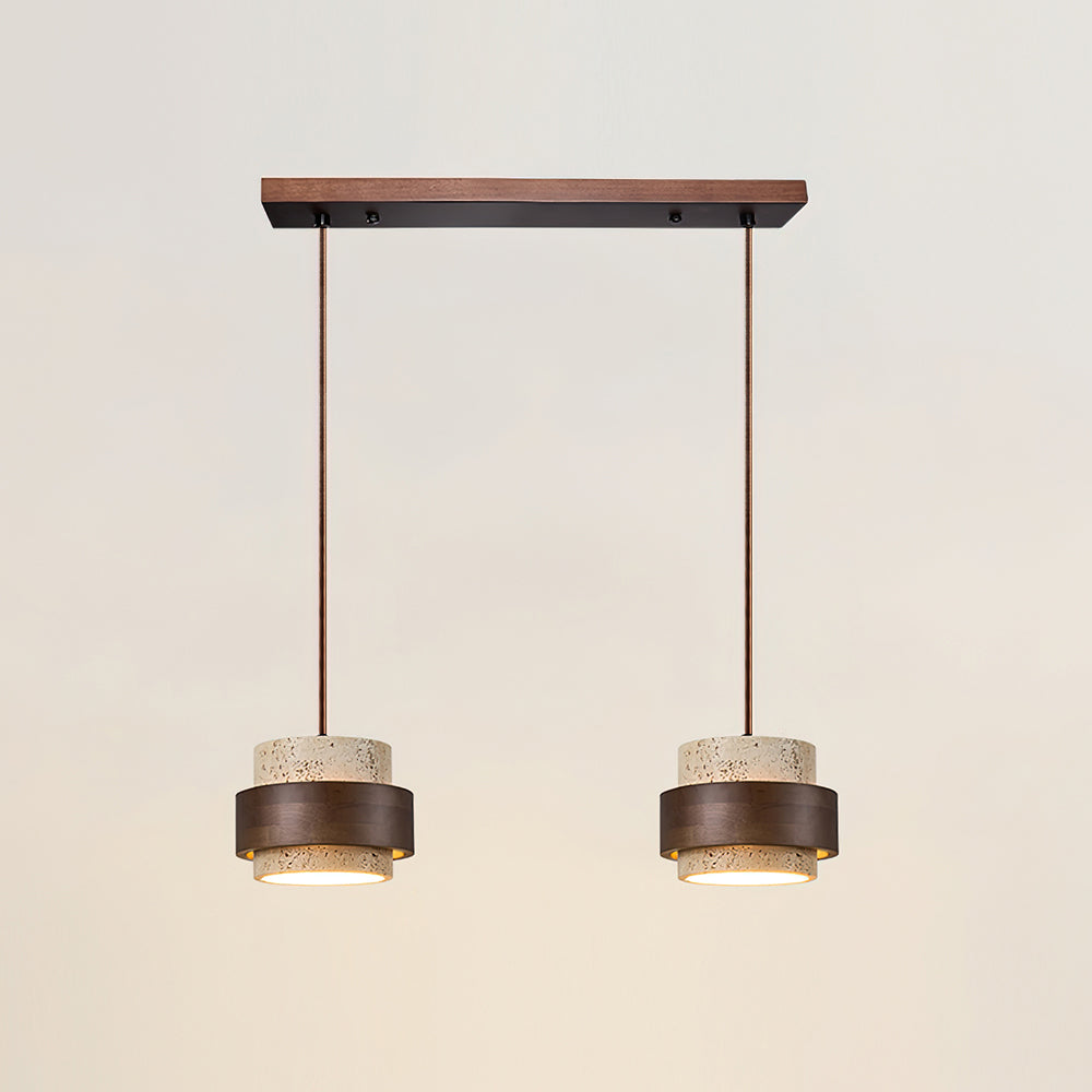 Terra | Natural Travertine Pendant Light with Walnut Band, Hanging Lamp for Dining Table
