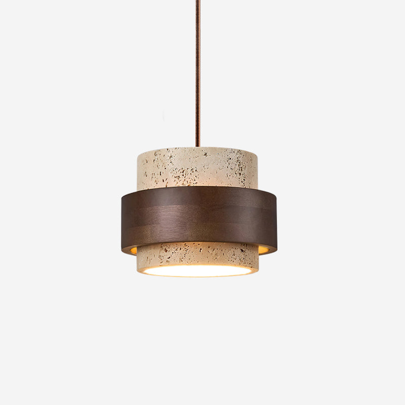 Terra | Natural Travertine Pendant Light with Walnut Band, Hanging Lamp for Dining Table