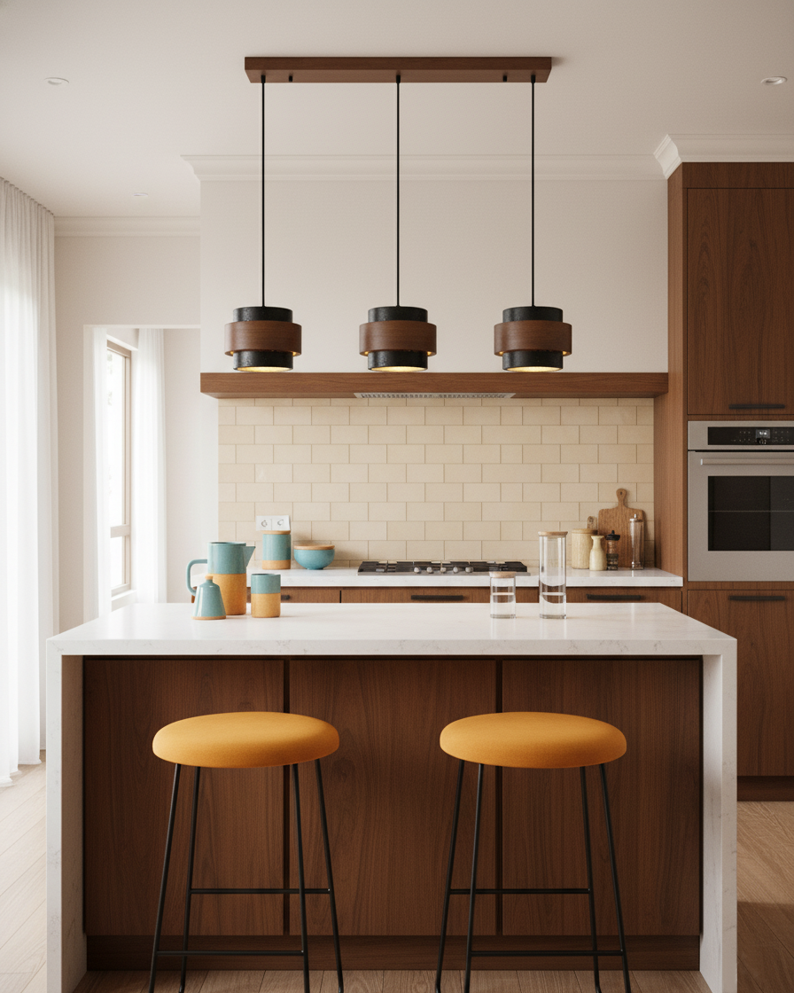 Terra | Natural Travertine Pendant Light with Walnut Band, Hanging Lamp for Dining Table