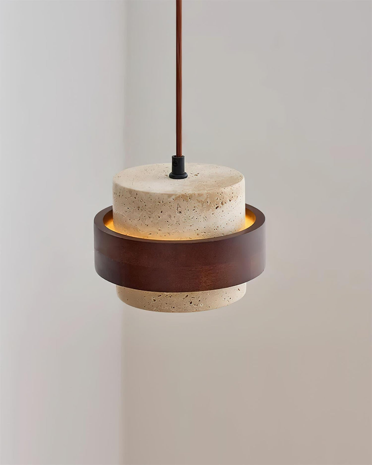 Terra | Natural Travertine Pendant Light with Walnut Band, Hanging Lamp for Dining Table