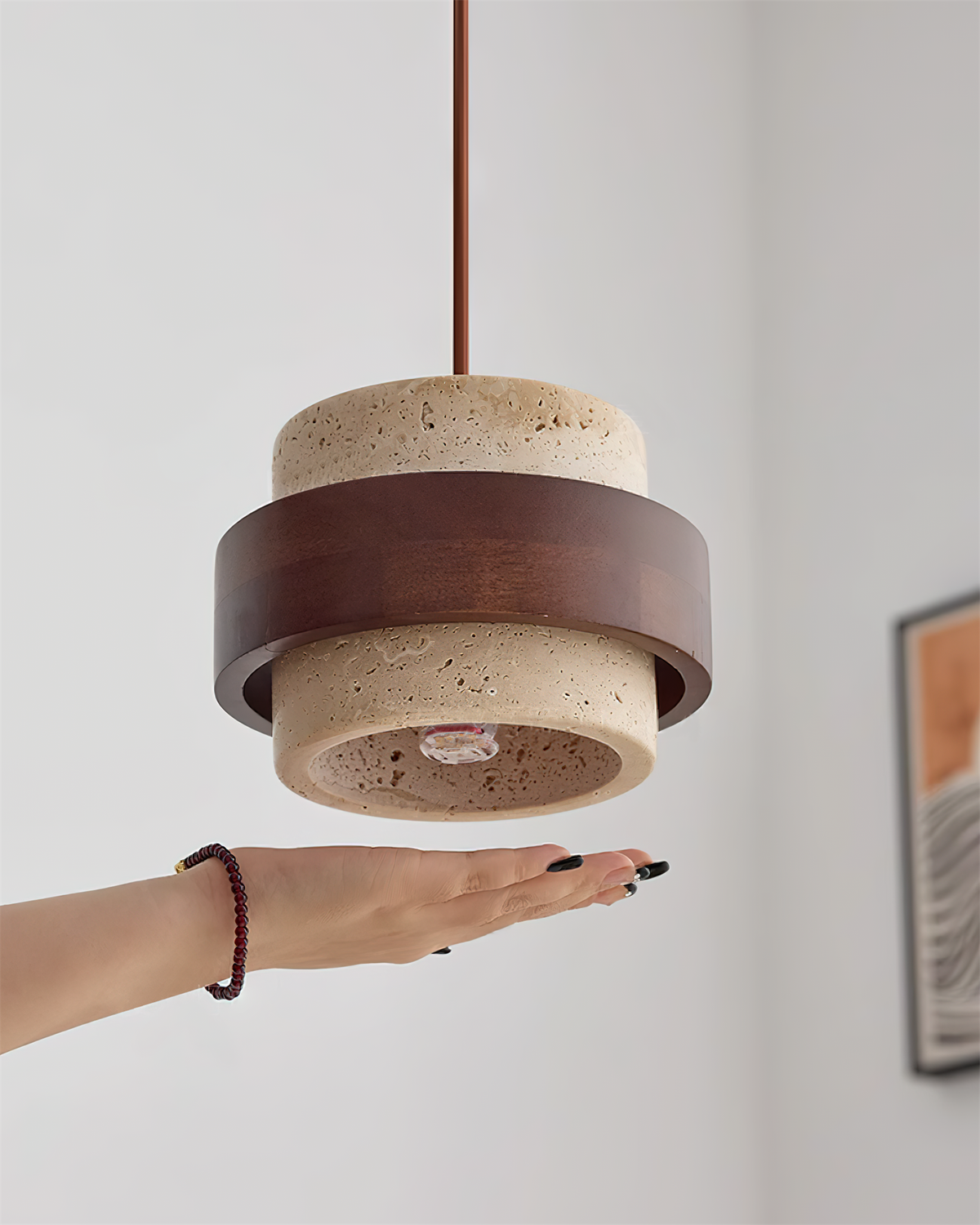 Terra | Natural Travertine Pendant Light with Walnut Band, Hanging Lamp for Dining Table