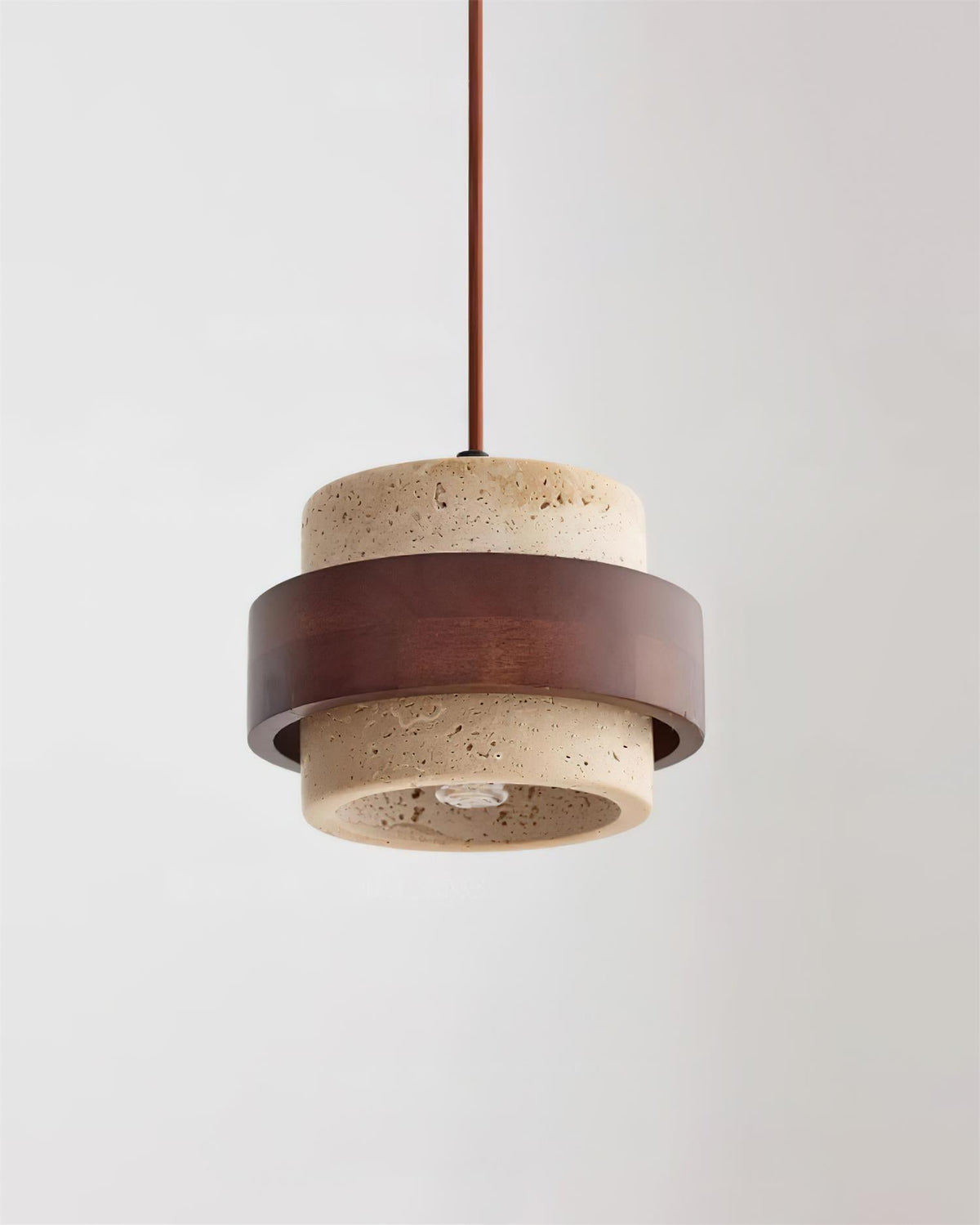 Terra | Natural Travertine Pendant Light with Walnut Band, Hanging Lamp for Dining Table