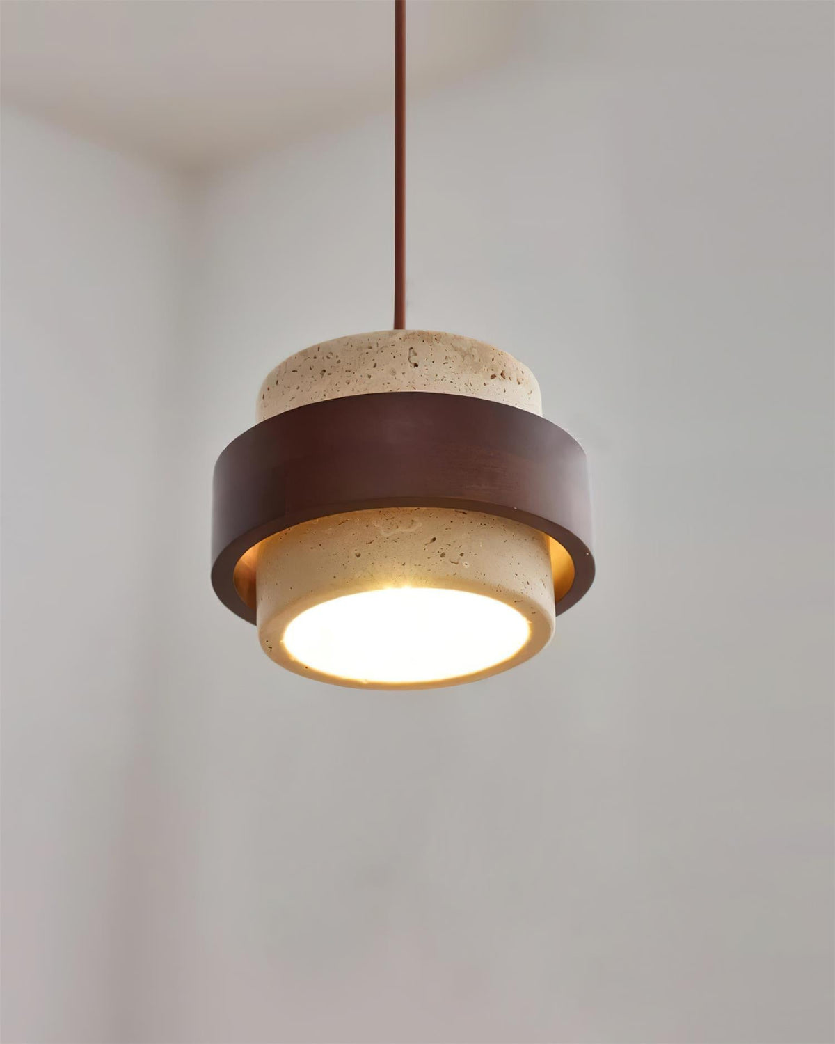 Terra | Natural Travertine Pendant Light with Walnut Band, Hanging Lamp for Dining Table